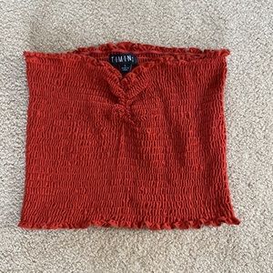 Red ruffled strapless crop top